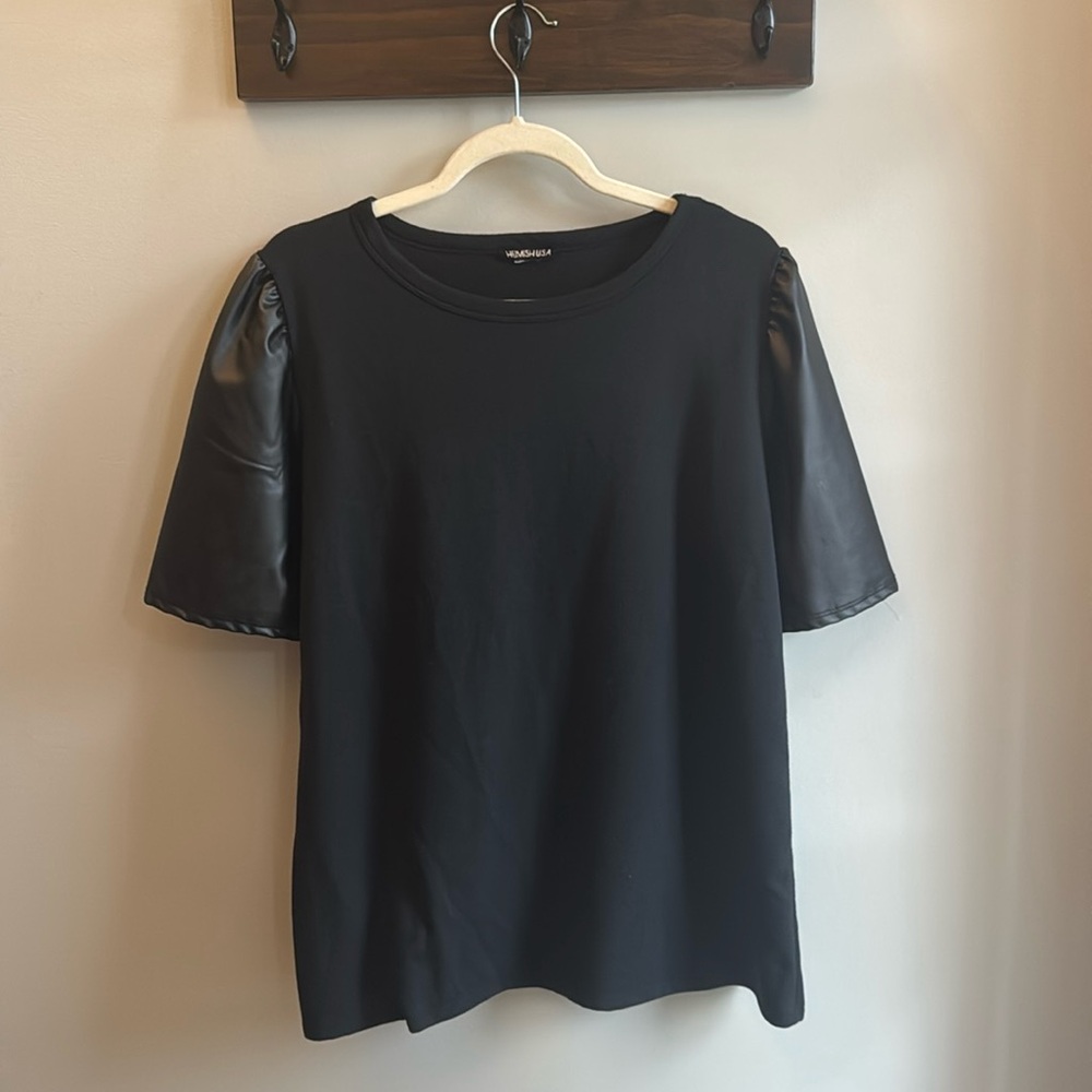 Hemish USA Black Top with Faux Leather Sleeves, Size M